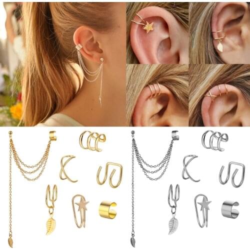 7Pcs/set Tassel Ear Cuffs Leaf Clip Earrings for Women No Piercing Fake Cartilage Earring Gold Color Chain Vintage Jewelry