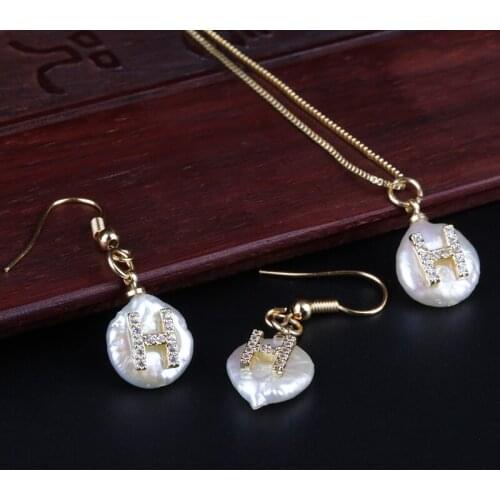 26 alphabet letter charm white CZ crystal real pearl gold pendant choker necklace drop earring jewelry set braidal wedding gift