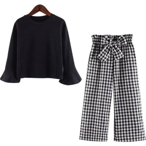 Spring autumn Baby Kid girls clothing set Long sleeve top Bell sleeve Shirt High waist plaid bow trousers suits 2pcs