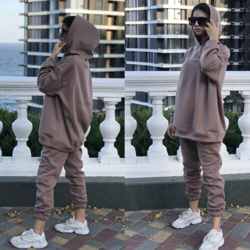 Women Tracksuits Autumn Winter Thick Fleece Warm Suit 2 Pieces Sets Hooded Sweatshirt Pants Long Sweatpants Outfits Streetwear