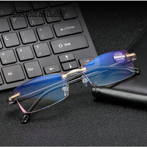 CRIXALIS Rectangle Reading Glasses For Men Fashion Rimless Anti Blue Light Eyeglasses Magnifying Computer Eyewear Woman UV400