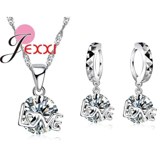 Top Quality Romantic 925 Sterling Silver Jewelry sets Lady Letters Love Necklace Set Women Pendant Earrings free shipping