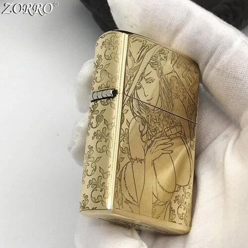 Original Zorro Kerosene Lighter Pure Copper Carving Classic Summer Sexy Girl Pattern Business Gift Outside Ignition Tool