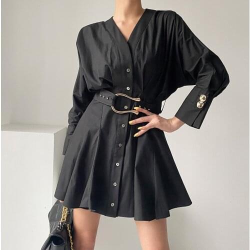 Sannian Autumn V-neck Single-breasted Loose Ruffled Shirt Dress Women Clothes Button Decoration Ladies Dress With Belt