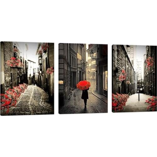 Full Square Round 5D Diy Diamond Painting building Black and White art Retro Street garden View Red Flower EmbroideryZP-451
