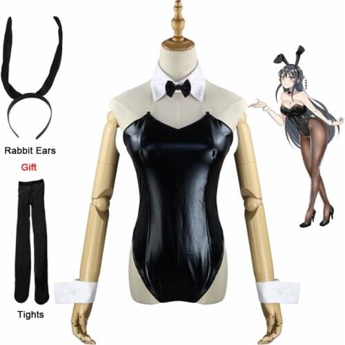 Sexy Female Halloween Party Women Black Latex Catsuit Jumpsuit Anime Bunny Girl Senpai Sakurajima Mai Cosplay Costume