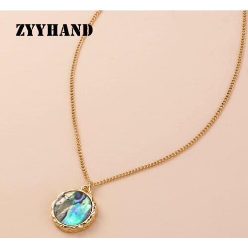 Natural Abalone Shell Women Pendant Necklace Golden Color Cross Chain Simple Round Lady Casual Jewelry