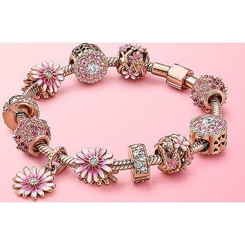 100%925 sterling silver Spring girl pink flower world hollowed-out petals high quality fashion Pan bracelet jewelry