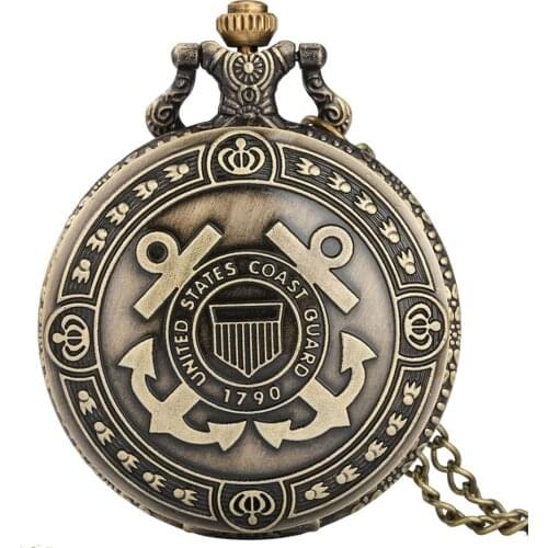 Vintage Bronze United States Coast Guard Display Necklace Pocket Watch Retro Pendant Souvenir Clock Gifts Men Women