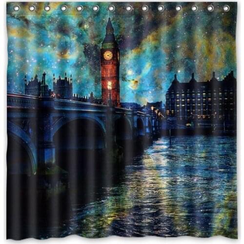 Eco-friendly Polyester Fabric 180*180cm Modern Design Big Ben Print Waterproof Bathroom Shower Curtain