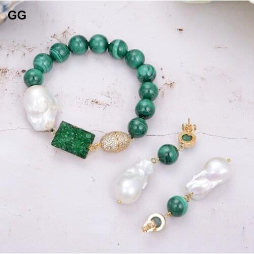 GuaiGuai Jewelry Real Round Green Malachites White Keshi Baroque Pearl Green Quartzs Bracelet Earrings Sets For Women