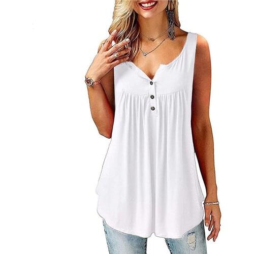Womens round neck sleeveless buttons solid color cotton and linen casual comfortable loose camisole