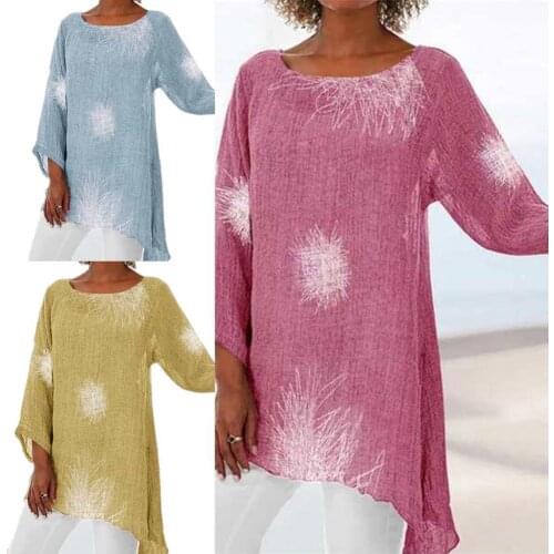 Summer Women Flower Printing Long Sleeve O-neck Irregular Hem Shirt Streetwear for Office