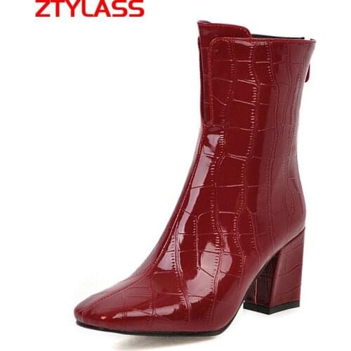 2021 Fashion Square Toe Ankle Boots Women Stone Print High Heel Zipper Boots Autumn Winter Plush Warm Female Boots Size 34-43