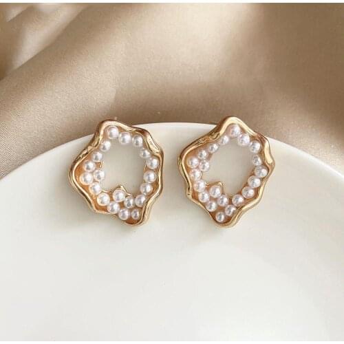 2020 Japan New Vintage Irregular Opal Stone Big Stud Earrings For Women Fashion Temperament Simulated Pearl Brinco