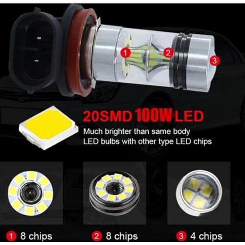 1pc H11 H8 100W 6000K Super White Fog Light 2323 LED Driving Bulb DRL Daytime Running Light Flood Light Car Accessories