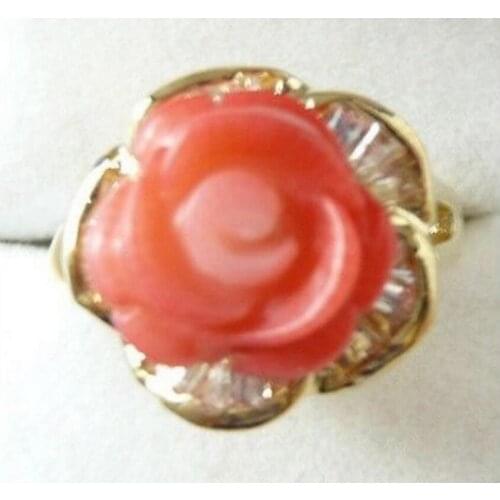 12mm pink Coral Crystal Flower Ring Crystal ringe wide Girl Genuine Natural stone gems Fortune F