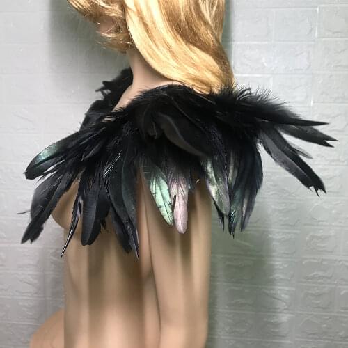 2pc Black Rooster Feather Shoulder Epaulettes Natural Feather Collar Cape Stole Shawl Collar Shrug Cape Feather Shawl Decoration