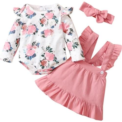Newborn Baby Girl Clothes 3Pcs Cotton Sets Floral Printing Long Sleeve Round Collar Romper Lace Suspender Skirt Headwear 0-24M