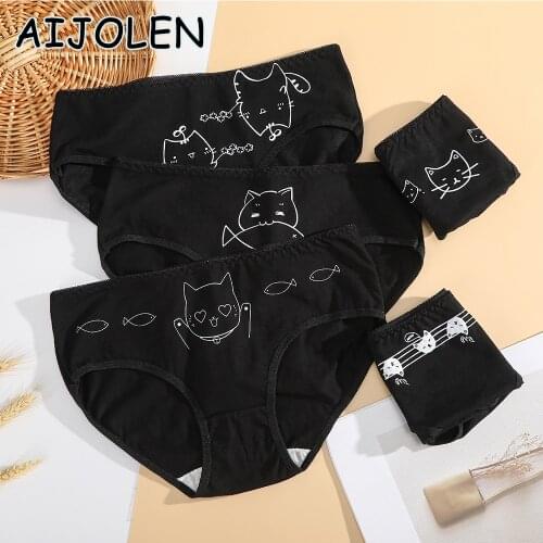 AIJOLEN Black Cat Silk Multi-pattern Sexy Underwear Comfortable Mid-waist Panties Breathable Cotton Lingerie for Woman