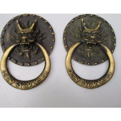 Collectible Home Decorated Crafts 1 Pair Chinese Handwork Old Brass Big Dragon Door Knocker style 0006