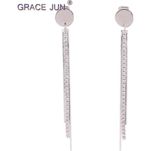 GRACE JUN Copper Material Cubic Zircon Geometric Clip on Earrings for Women Party Pom Cute Long Tassel Earring Needn't Ear Hole