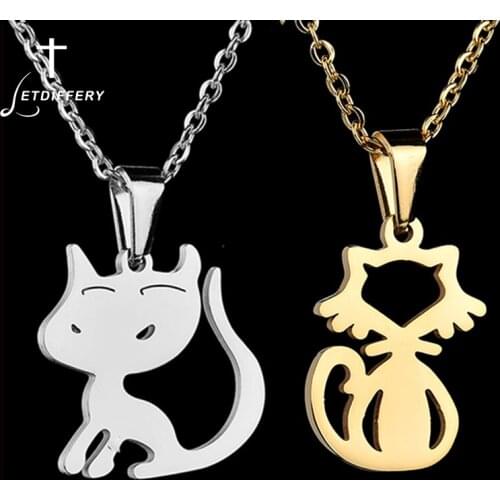 Letdiffery Gold Hollow Solid Cute Cat Necklace 316L Stainless Steel Chain Necklaces For Women Men Family Love Simple Jewelry