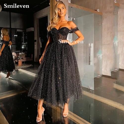 Smileven Black Off the Shoulder Glitter Dot Tulle Prom Dress 2021 Sweetheart Evening Dresses Tea-Length A-Line Party Gowns