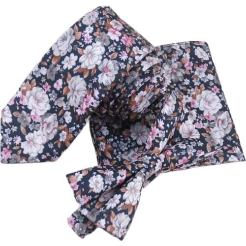Black tie/white and pink flowers pattern necktie with square pocket towel fashion accessories for men