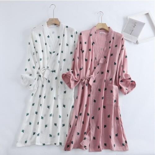 2021 Spring Autumn Womens Cotton Crepe Gauze Kimono Robe Cactus Print Bridesmaid Robes Long Sashes Gown for Ladies Bathrobe