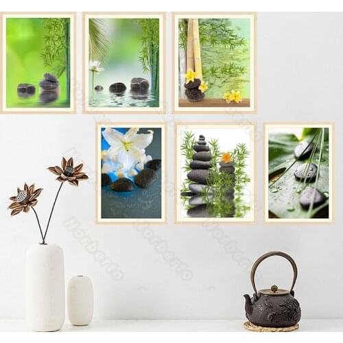 Chinese Canvas Art Painting Poster Yellow and White Flowers Black Stones Orchid Bamboo for Home Room Tea Room Wall Decoration