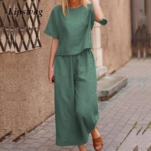 Fashion Solid Cotton Linen Home Suit Summer Women Two Piece Sets Lady Autumn Casual Short Sleeve Tops+Wide Leg Pants Outfits 5XL