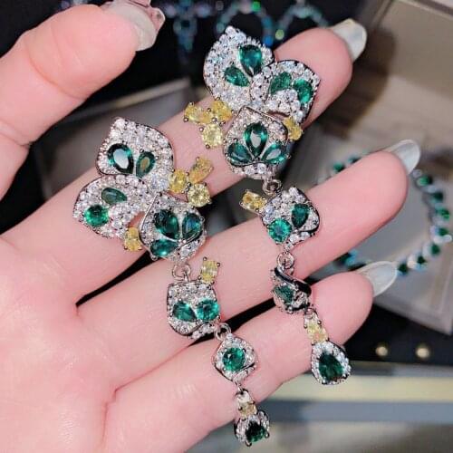 Fashion 925 Sterling Silver Earrings Drop Pear Crystal Pendant Jade Green Zircon Dangle Earrings for Women Charm Jewelry Gift
