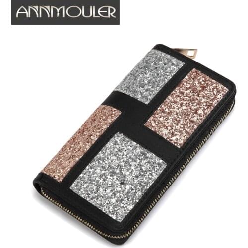 Annmouler Fashion Women Wallet Pu Leather Patchwork Long Purse Shining Clutch Bag Large Capacity Ladies Money Clip Wallets