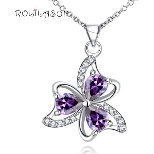 ROLILASON Flower Plants Special gift Cubic Zirconia Purple Crystal Fashion silver color Necklace Pendant Jewelry LNS667