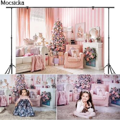 Christmas Photography Background Christmas Tree Gift Sofa Pink Backdrops Portrait Photocall Decorative Banner For Photo Studio