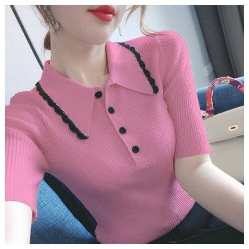 Peaked Lapel Pink beauty Summer Thin Office Lady Cloth Women T-shirts Knitting Crop Short Sleeve Stretchy T-shirt Ice silk Tops