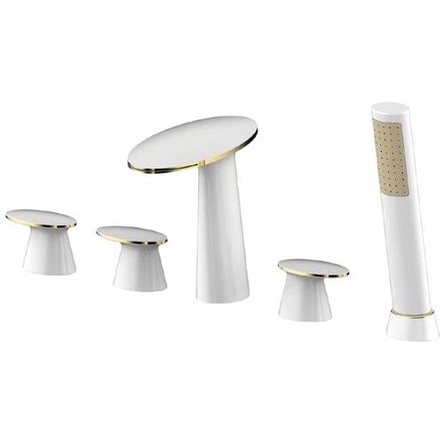 Contemporary White gold Five Holes widespread waterfall Bathtub shower Faucet with Hand Shower deck mounted
