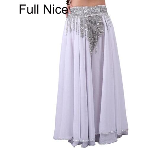 Oriental Belly Dance Long Side Split Elastic Waist Silver Sequin Trimming Chiffon Skirts for Belly Dancing