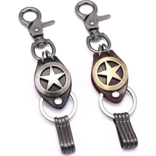 High-quality Antique Silver/Copper Pentagram Shape Leather Keychain for Man Women Fashion Punk Male Metal Car&Door key holder