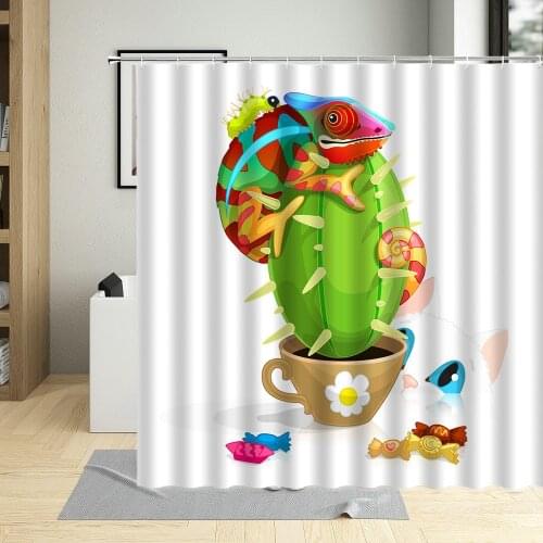 Desert Potted Plant Cactus Chameleon Pattern Bathroom Curtains Waterproof Polyester Fabric Shower Curtain Funny Bathtub Decor