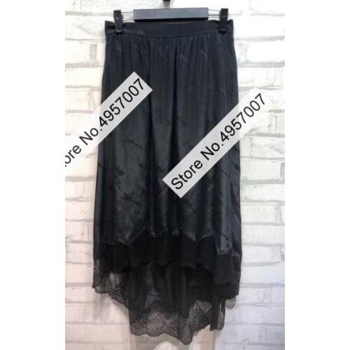 Women 100% Sillk Hollow Out Lace Patchwork Jacquard Irregular Midi Skirt