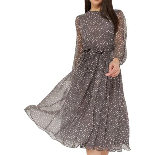 Women Polka Dot Print Elegant O-Neck Lantern Sleeve Elastic Waist Shashes Slim A-Line Party Dress Casual Simple Muslin Mid Dress