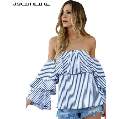 JYConline Off Shoulder Women Tops Striped Blouse Shirt Women Sexy Butterfly Sleeve Womens Shirt Elegant Blusas Ruffles Sexy Top