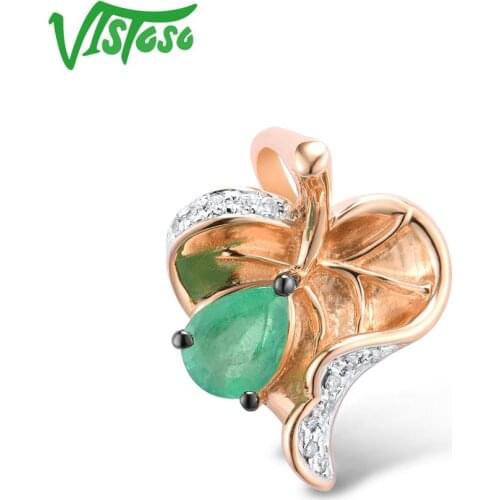 VISTOSO Gold Pendants For Women Pure 14K 585 Rose Gold Heart Natural Emerald Sparkling Diamond Wedding Fine Jewelry