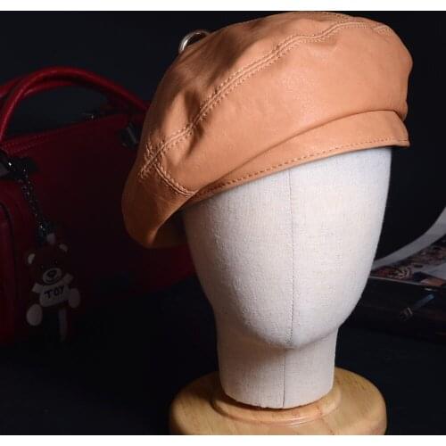 Womens Ladies 100% Real Leather Soft Lambskin Vegetable tanning leather Beret Round Cap Military Style Army Hats/Caps