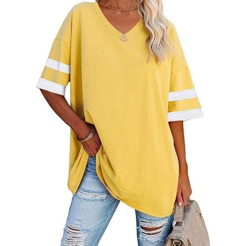 Summer Women T-shirt Fashion Half Sleeve V-neck Cool Color Block Thin Loose Tee Top Pullover Color Block Thin Loose Tee Top