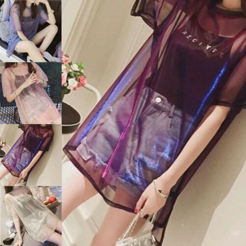 2PCS/Set Womens Laser Shiny Glitter Transparent Bikini Cover ups See-through Mesh Short Sleeve T-Shirt Dress+ Strappy Tank Top