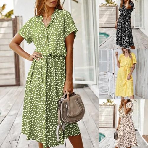 Summer Sexy Women Party Shirt Dress Boho Dot Print Loose Women Short Sleeve Lace-up Buttons Dress Elegant Club Dress for Dating