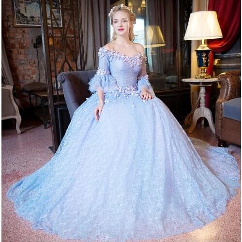 100%real light blue lace flower slash collar court ball gown medieval dress Renaissance Gown princess costume Victorian dress